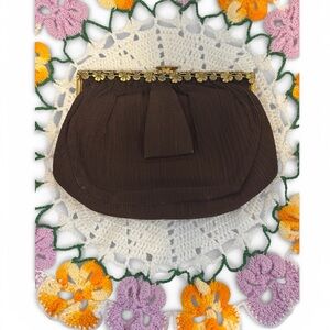 Bergdorf Goodman Silk Elegant Brown Clutch with Gold clovers from the 50’s
